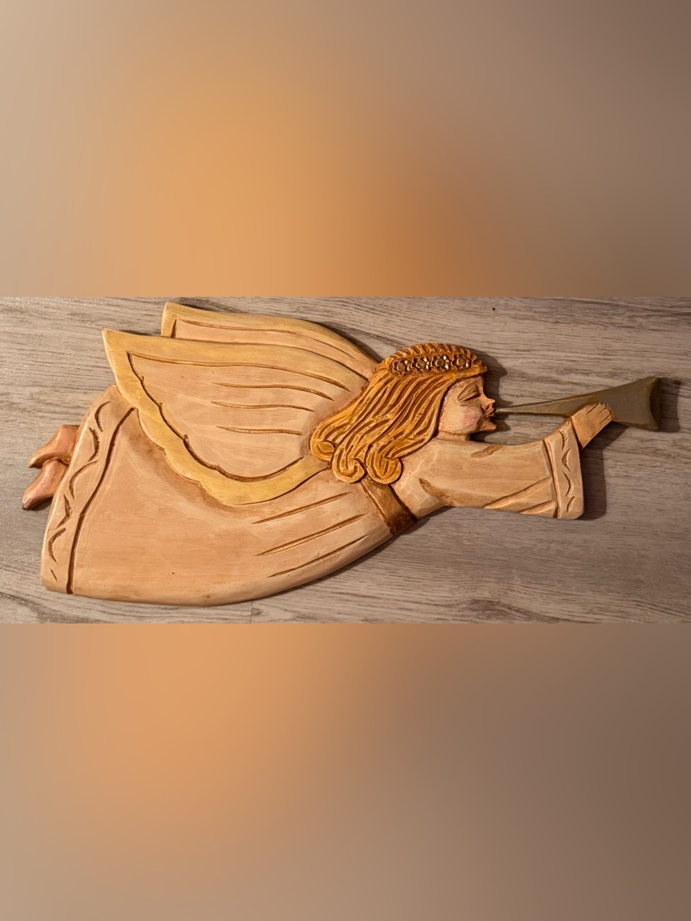 Wood Carved Vintage Folk Art Flying Wall Angel with Trumpet Horn Philippines
